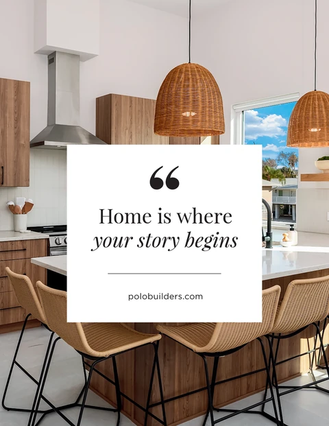 Kitchen with wood cabinets, woven pendant lights and stools behind a message about home and personal stories.