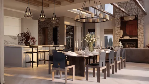 Dining area with a long table, wood-beam lighting, an open kitchen, and a stone fireplace.