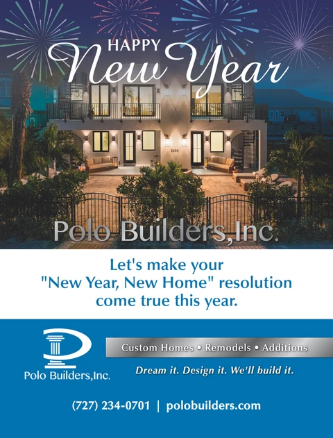Happy New Year graphic showing an illuminated home at night beneath illustrated fireworks.