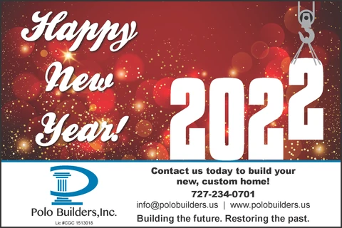 New Year graphic with a crane holding the final digit of 2022 against a red and gold background.