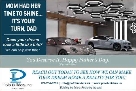 Father’s Day graphic showing two sports cars and a motorcycle in a garage with hexagonal ceiling lights.
