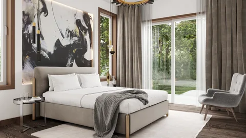 Bedroom with an upholstered bed, abstract artwork, pendant lights, gray curtains and garden-facing glass doors.