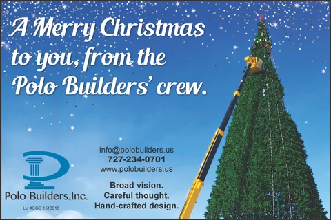 Christmas graphic showing a decorated outdoor tree and a boom lift beneath illustrated snow.