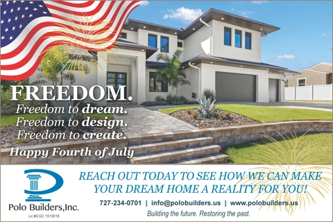 Fourth of July graphic showing a two-story white home beneath an American flag and illustrated fireworks.