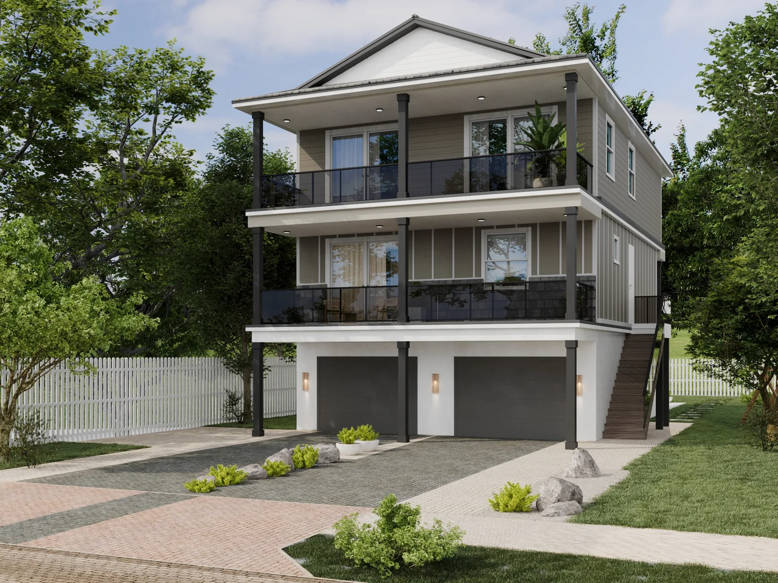 Exterior rendering of a three-level home with two front balconies above ground-level garages.