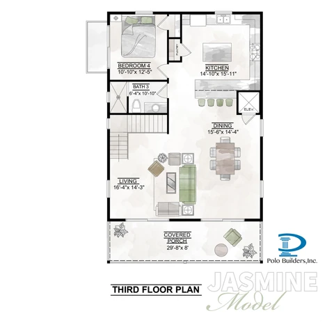 Jasmine model third-floor plan showing living and dining areas, a kitchen, Bedroom 4, Bath 3, an elevator, and a covered porch.