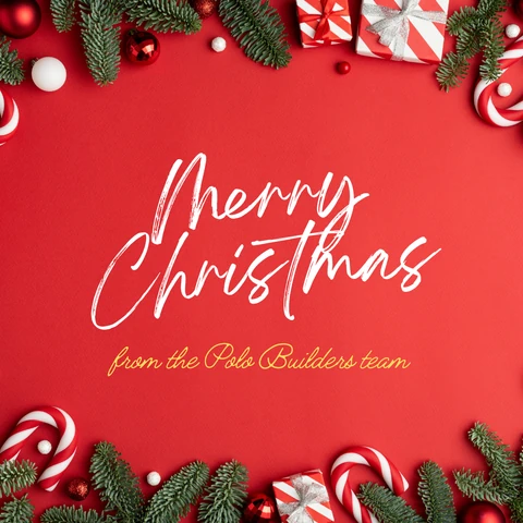 Christmas greeting on a red background with evergreen branches, ornaments, gifts and candy canes.