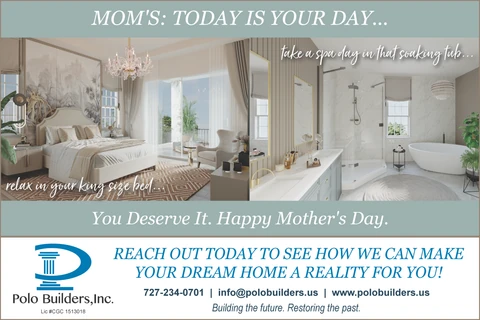 Mother’s Day graphic showing an ornate bedroom beside a white bathroom with a freestanding tub.