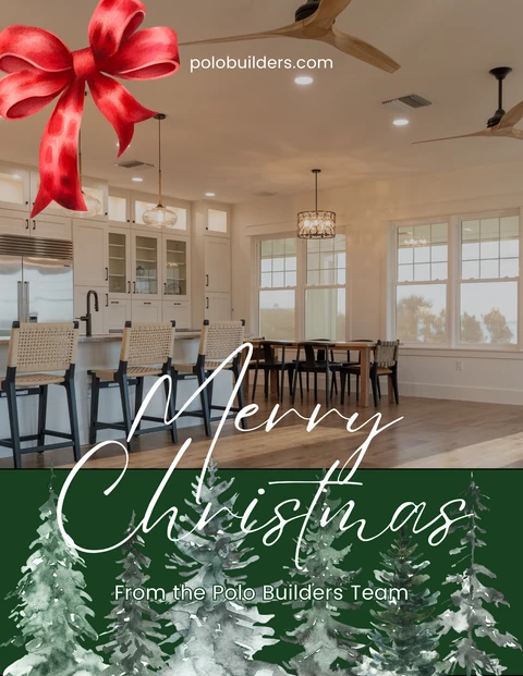Christmas greeting from the Polo Builders team over a white kitchen, with a red bow and illustrated evergreen trees.