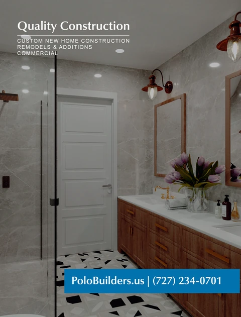 Quality Construction graphic over a bathroom with a wood vanity, framed mirrors, tulips and a glass shower.