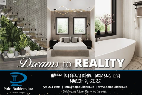 Dreams to Reality graphic showing a planted stairway, bedroom and freestanding bathtub.