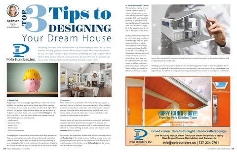 Two-page Harbor Bluffs Living article with three home-design tips, photos and an inset Father’s Day advertisement.