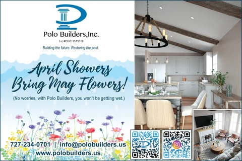 April showers graphic with flowers, a kitchen and living room collage, historic contact details and two QR codes.