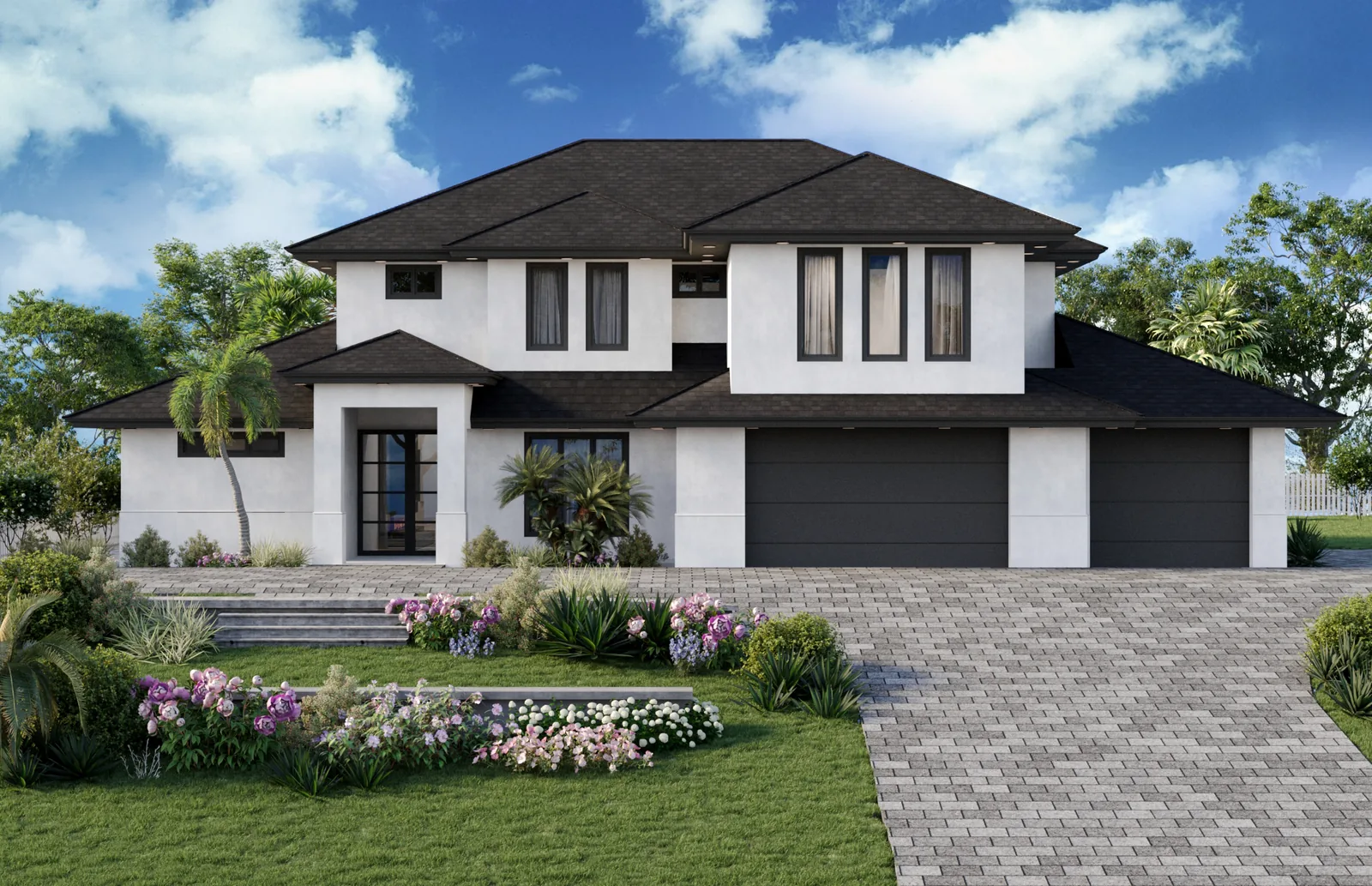 Exterior rendering of a two-story white home with black trim, a dark roof and a paved driveway.