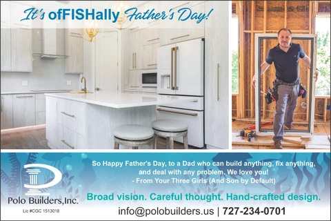 Father’s Day graphic showing a white kitchen beside a man with a tool belt standing in a window frame.