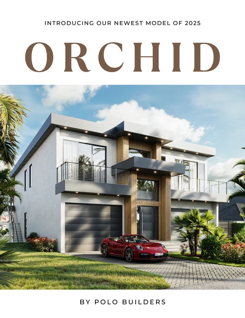Orchid model announcement showing a modern two-story home with balconies and a red convertible.
