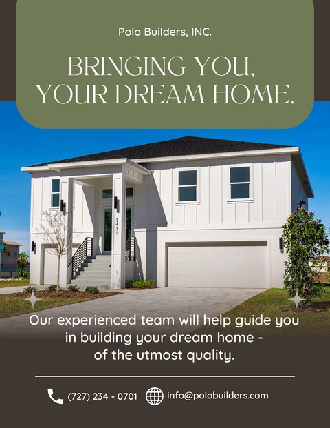 Polo Builders dream-home graphic showing a white elevated house with a front staircase and garage.