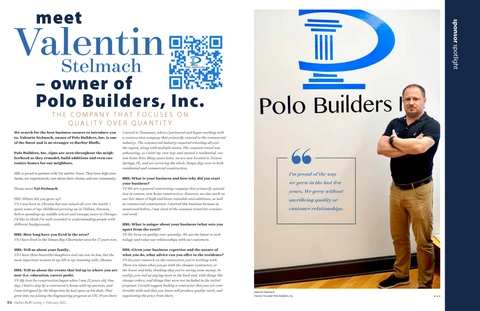 Harbor Bluffs Living interview spread with a QR code and text beside a portrait labeled Valentin Stelmach, Owner/Founder Polo Builders, Inc.
