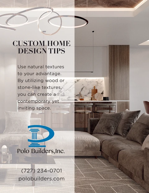 Custom-home design tips about natural textures over an open-plan living room and kitchen.