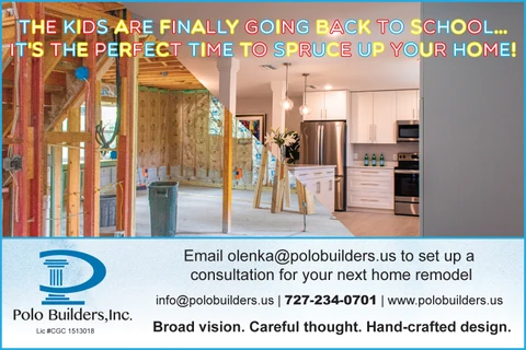 Back-to-school remodeling graphic with a diagonal comparison of exposed framing and a finished kitchen.