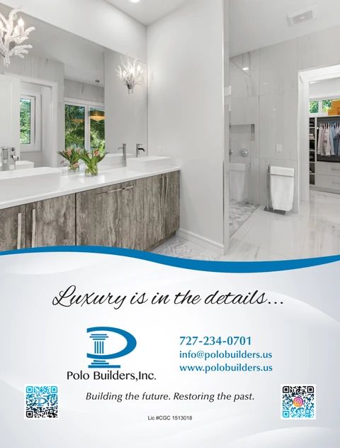 Luxury is in the details graphic showing a double vanity and glass shower above contact details and two QR codes.